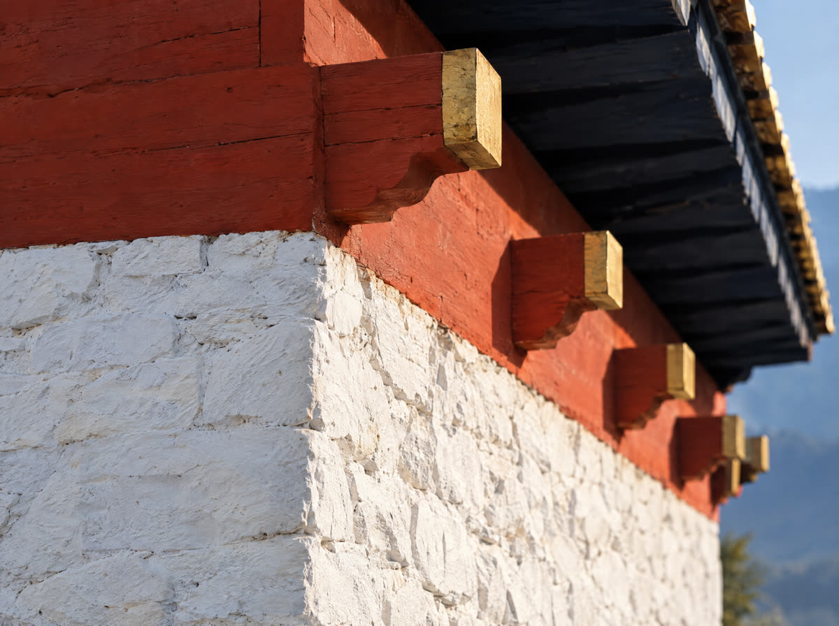 A weathered timber course hand painted in cinnabar pigment