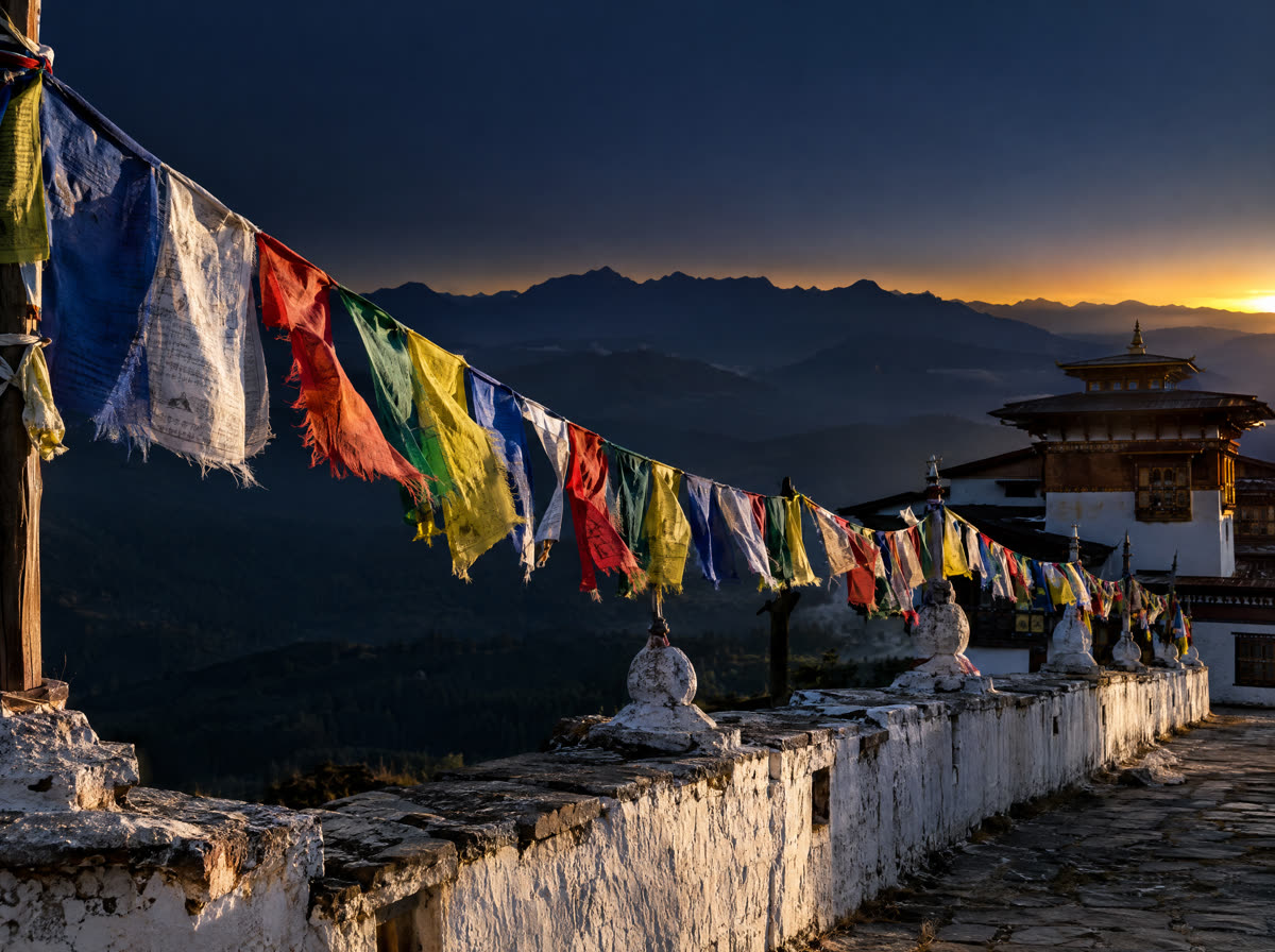 Prayer flags strung along a whitewashed parapet at dawn