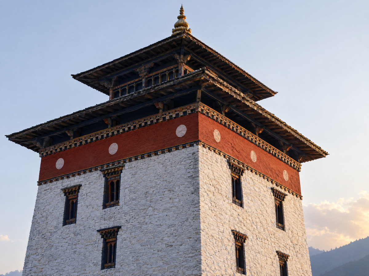The whitewashed tower of a dzong rising above a painted timber band
