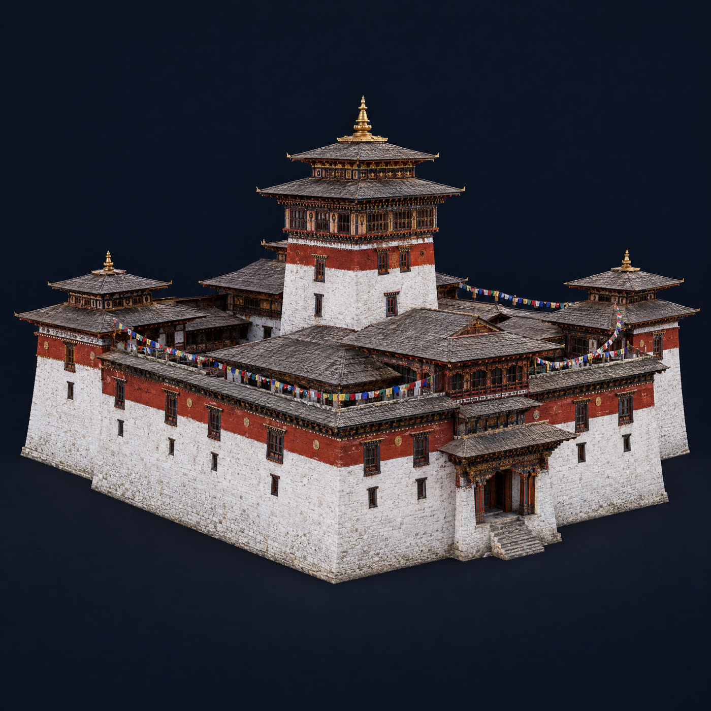 A Bhutanese dzong fortress with whitewashed walls and a gold finial, on a dark ground
