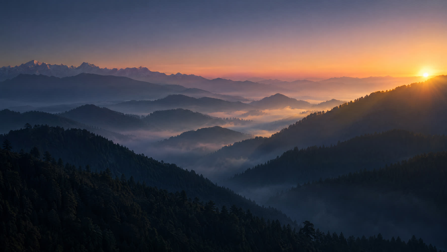 Dawn mist over forested Himalayan ridges above a river gorge