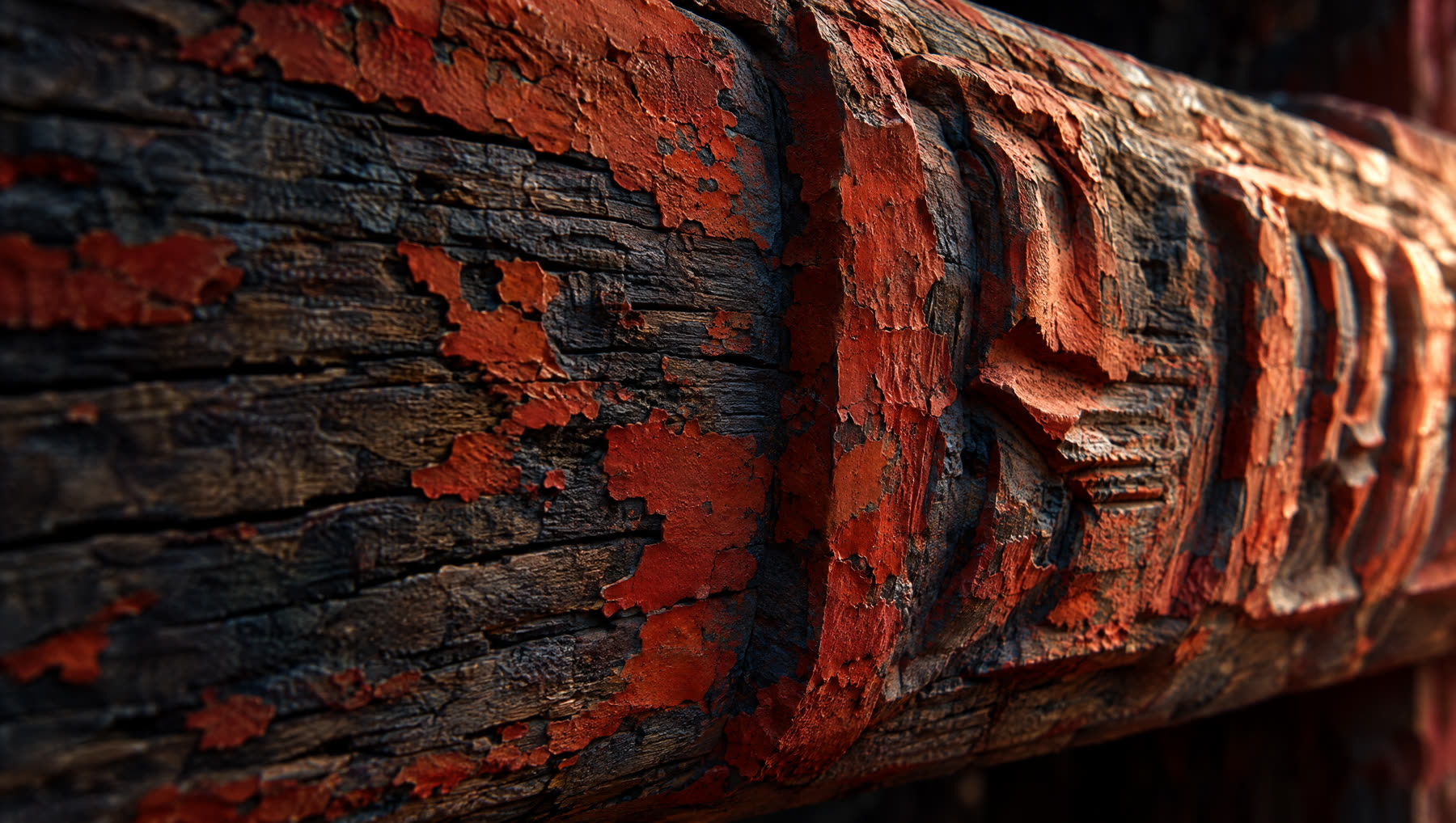 A weathered timber course hand painted in cinnabar pigment
