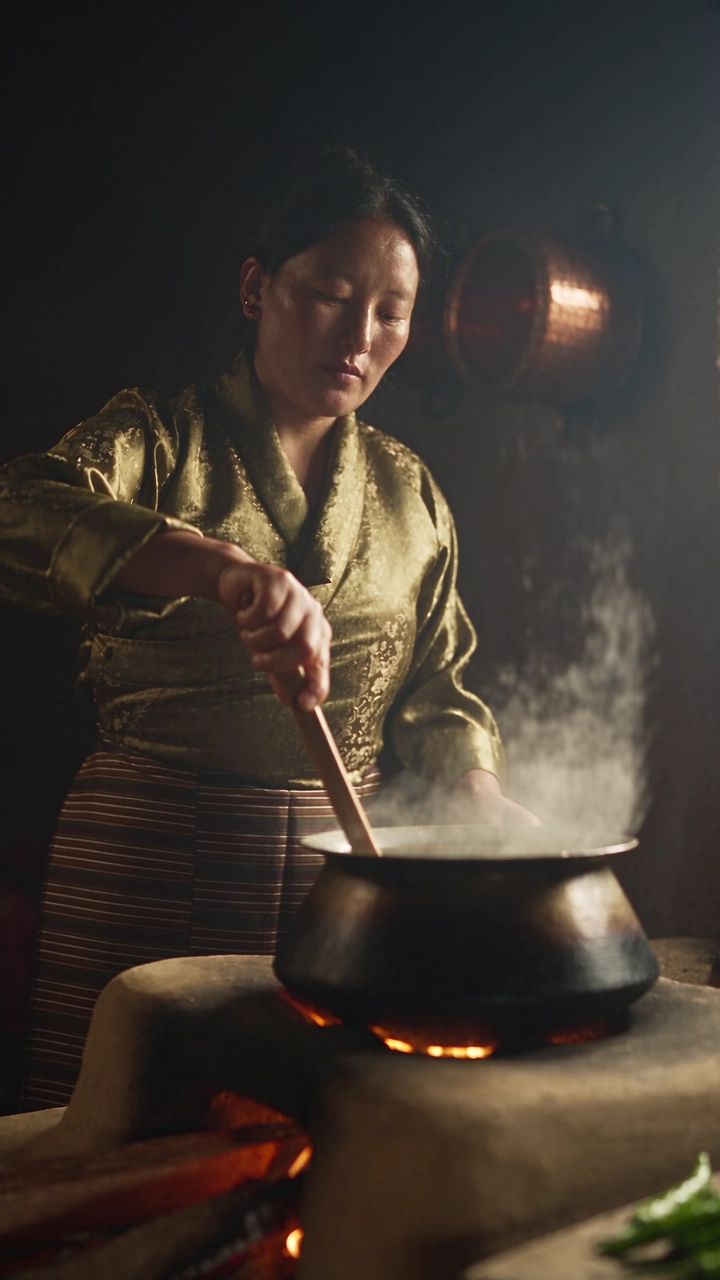 A Bhutanese cook working at a wood-fired stove
