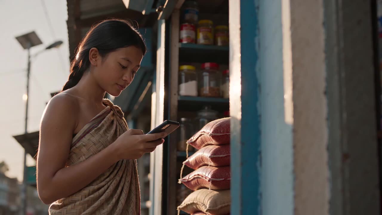 A shopkeeper in the doorway of a Bhutanese grocery, looking up from her phone