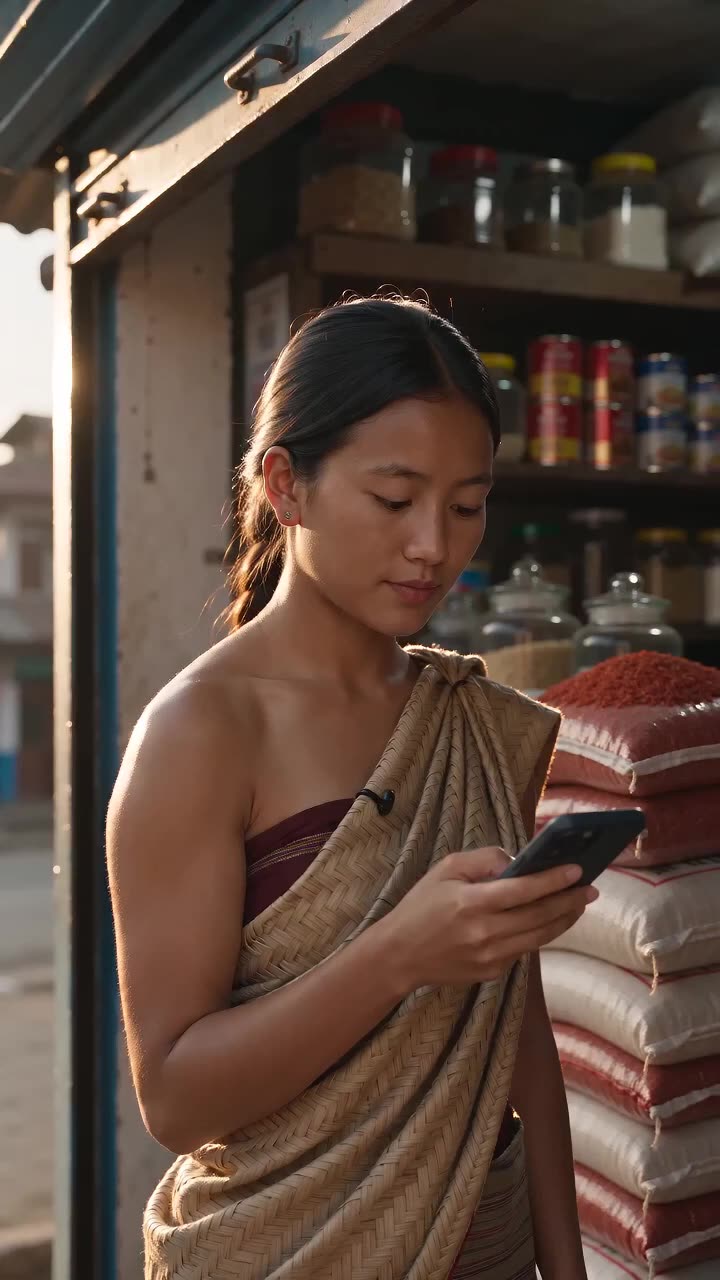 A vertical cut of the fifteen-second film, a shopkeeper in a Bhutanese grocery