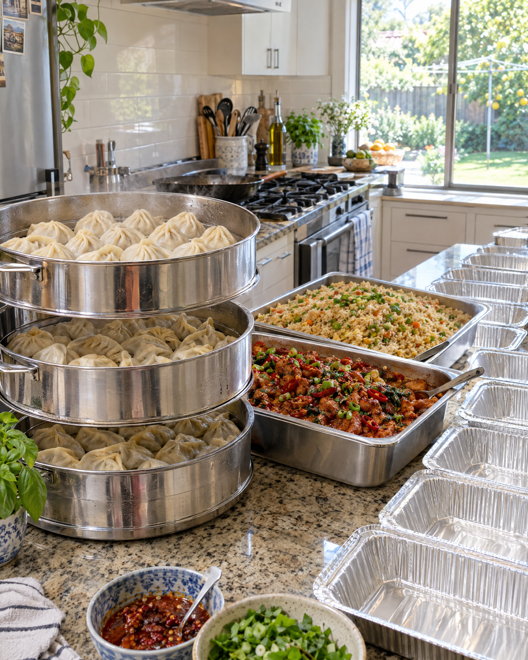A Bhutanese catering spread of momos, fried rice and chilli dishes laid out in a bright Australian kitchen, takeaway containers lined along the counter