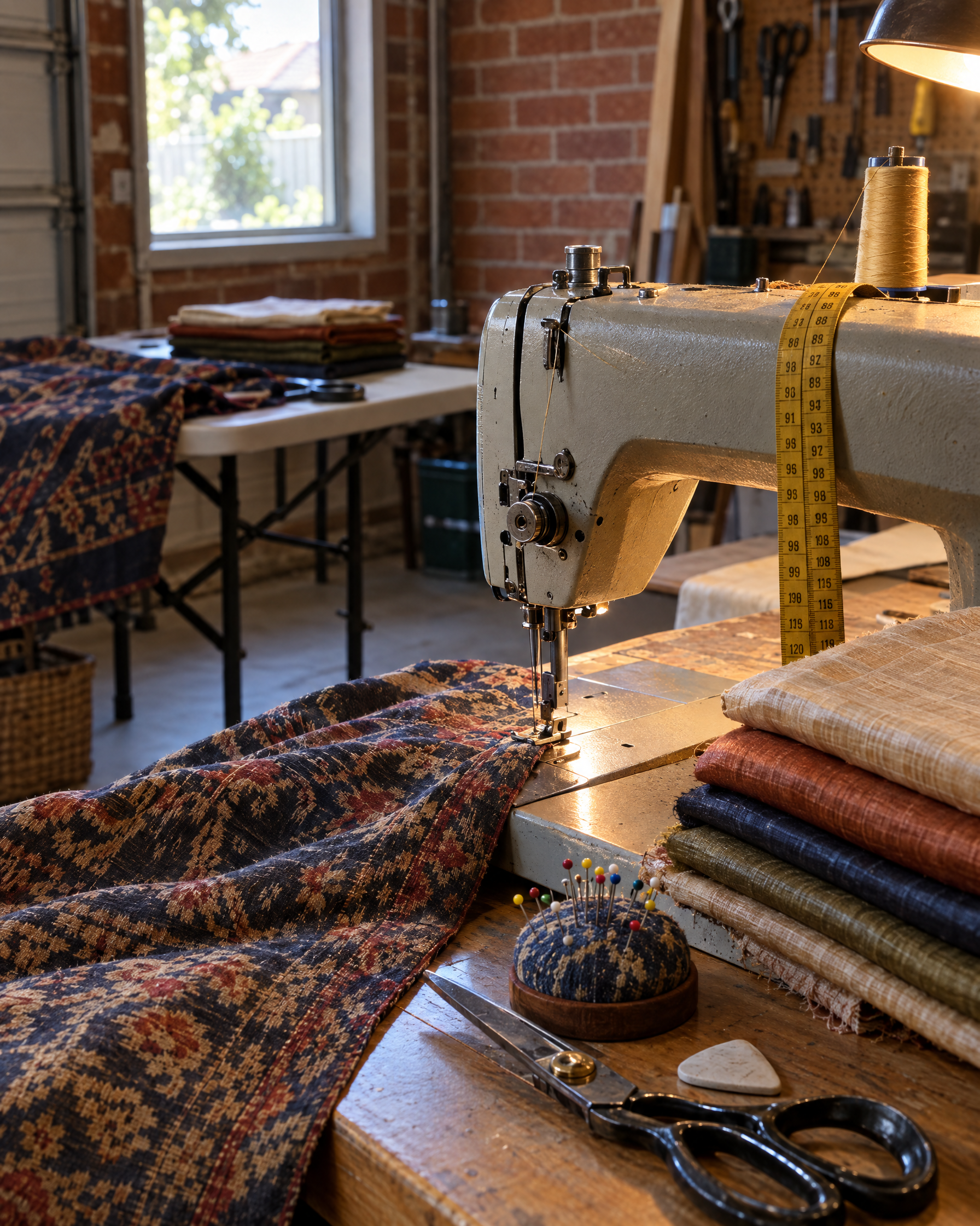 An industrial sewing machine running over dark patterned cloth on a tailoring bench, shears, pins and folded fabric beside it, a window onto a suburban yard