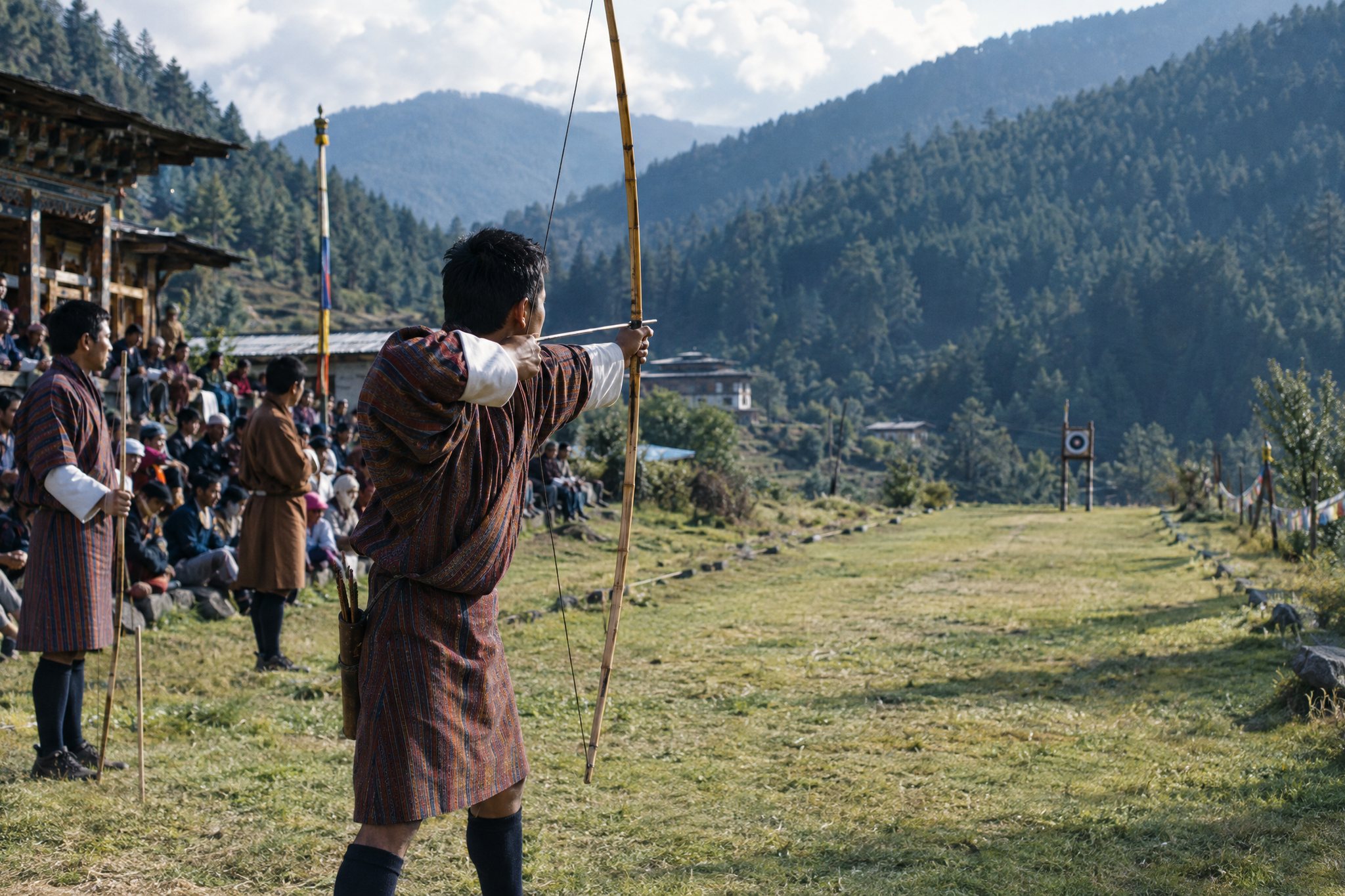 An archer in a traditional gho drawing a bamboo bow on a grassy field ringed by mountains