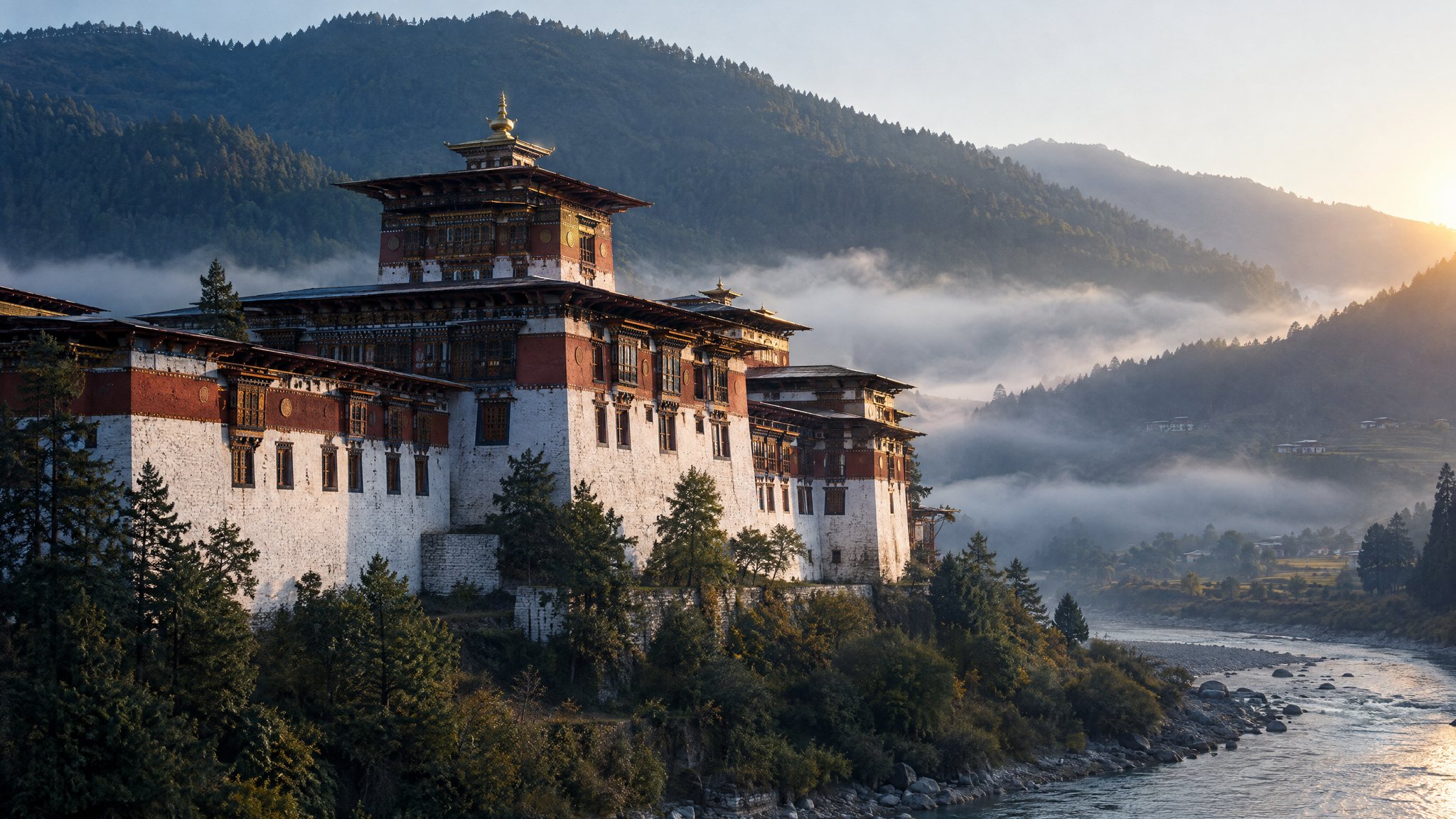 A Bhutanese dzong at first light, its whitewashed walls crossed by a broad band of vermilion timber, a gilded finial above and mist lying in the valley below