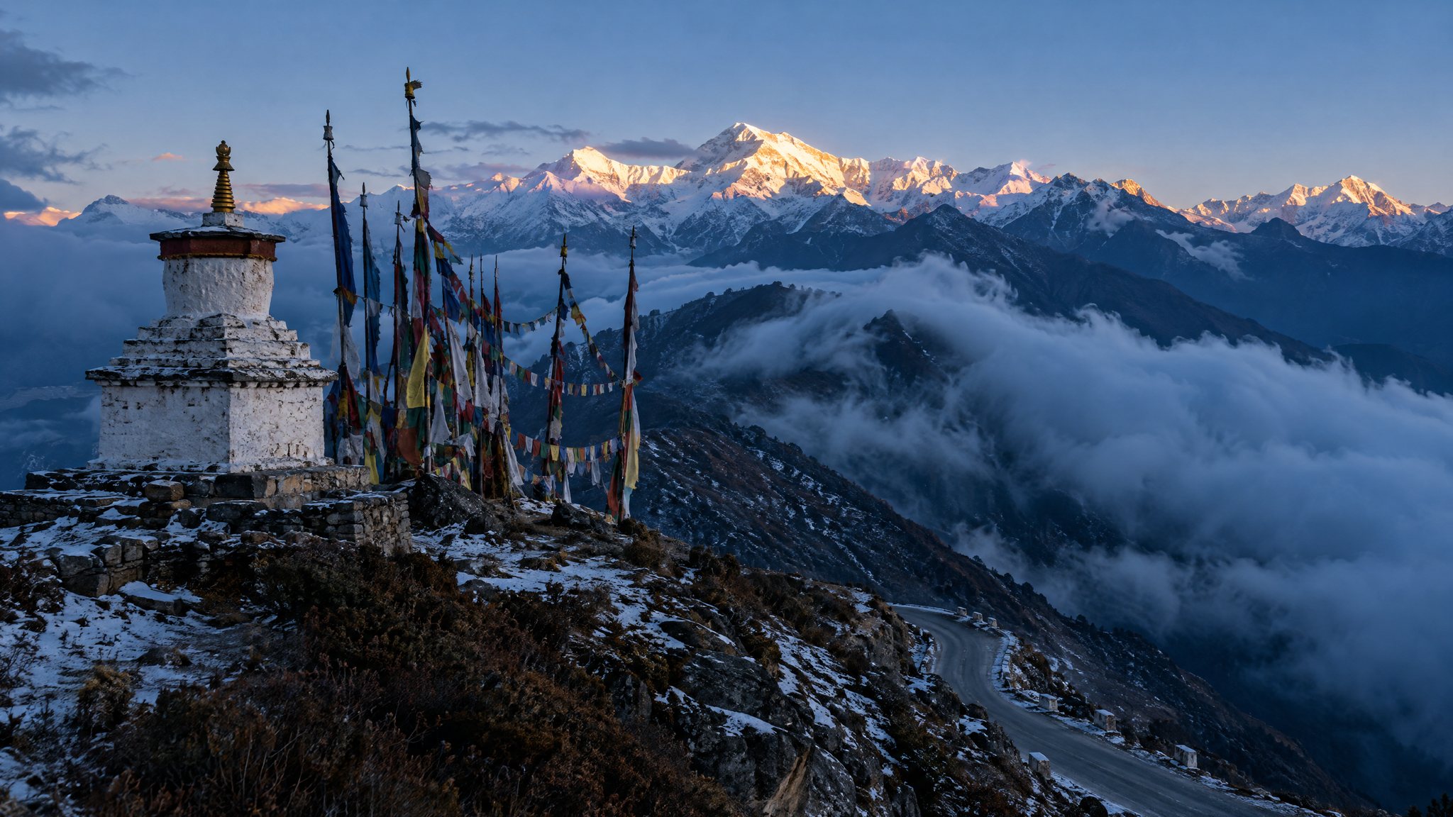 A whitewashed chorten and a cluster of prayer flags on a high pass, snow peaks beyond and low cloud pouring over the ridge