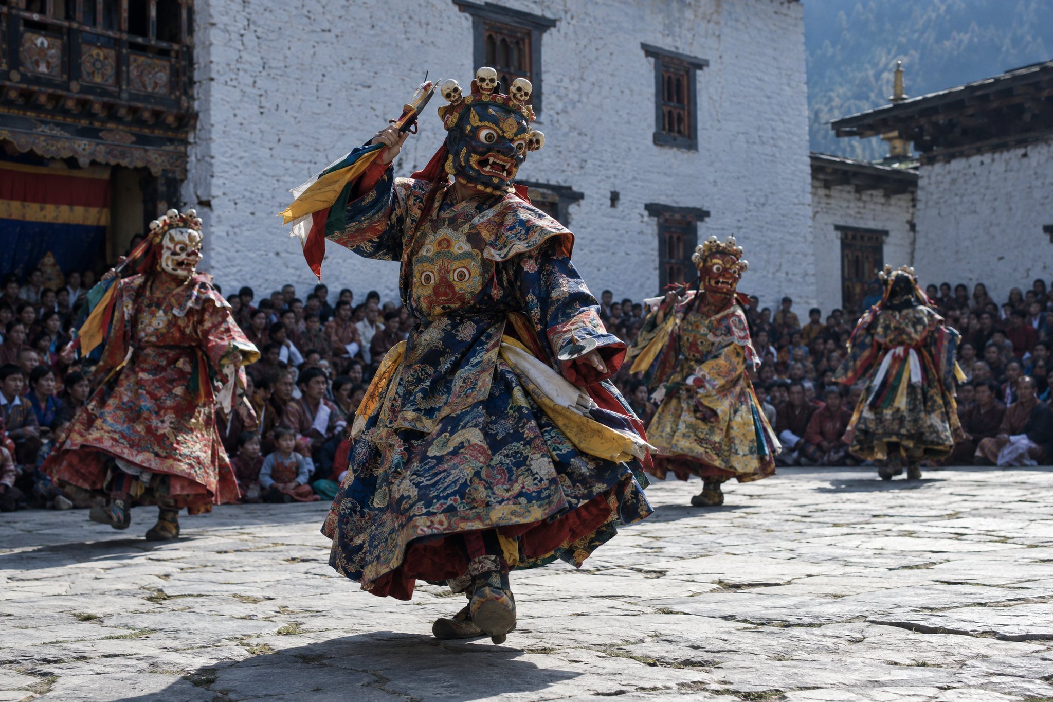 Masked cham dancers in brocade robes and painted wooden masks performing on the flagstones of a dzong courtyard, villagers seated around them