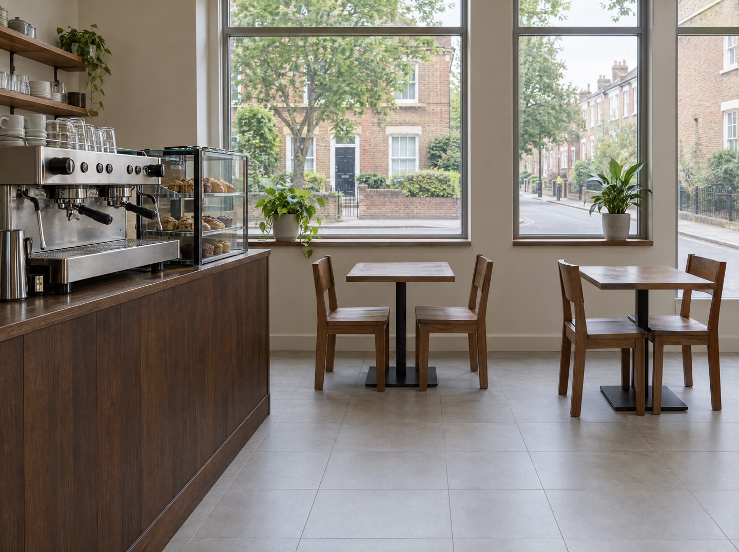 The interior of a small neighbourhood cafe, a timber counter with a coffee machine and tables by large windows