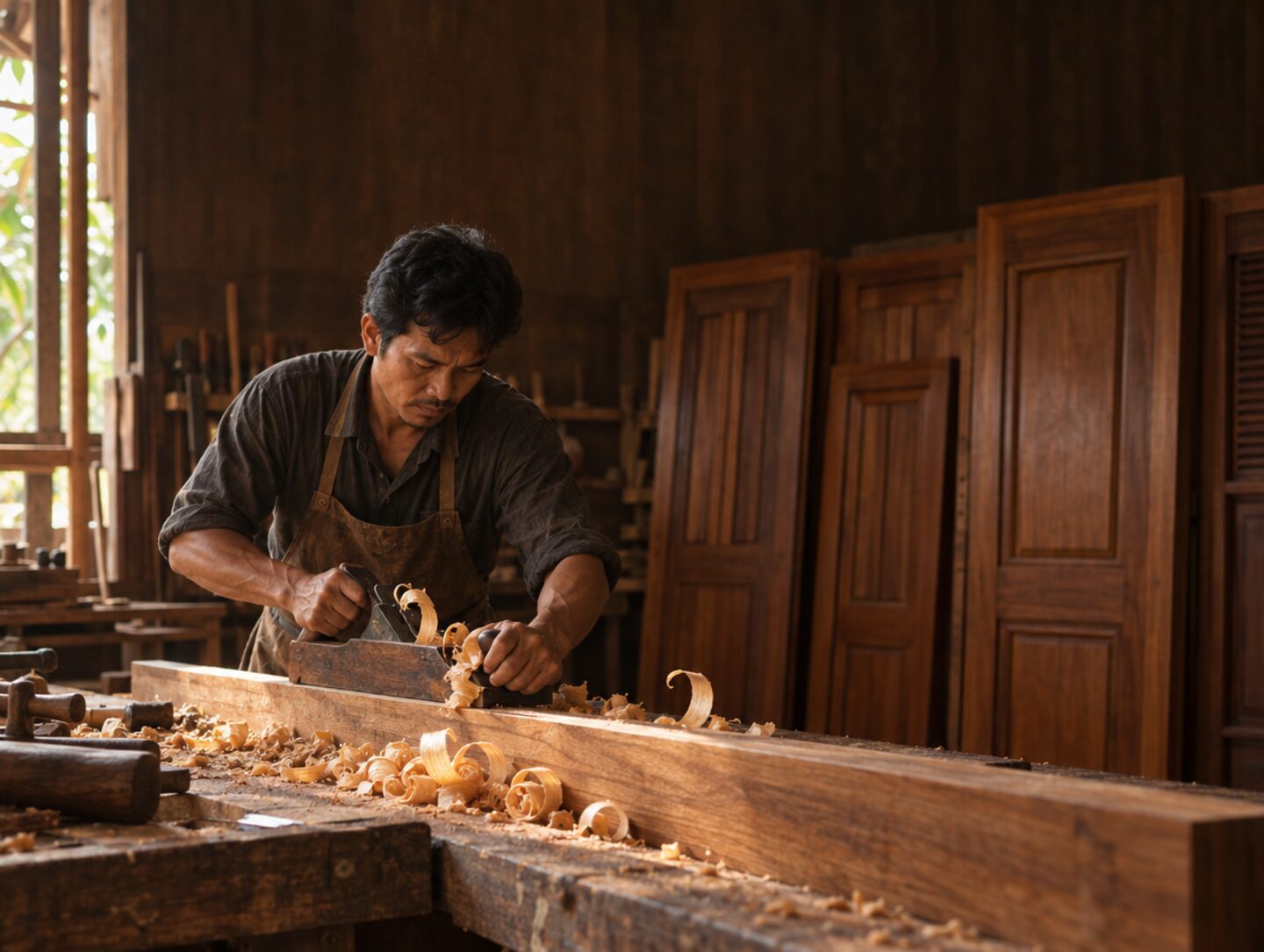 A carpenter planing local timber in a workshop