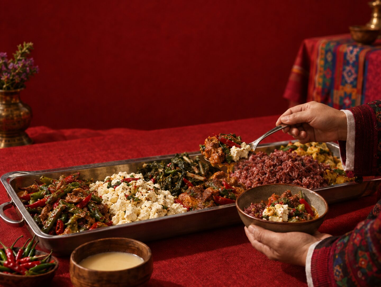 A person in traditional dress serving red rice and chilli dishes from a large catering tray onto a red cloth