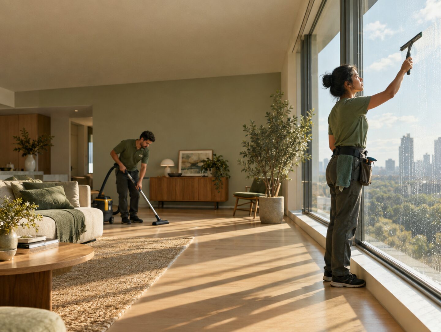 Two cleaners washing windows and vacuuming in a bright modern apartment overlooking a park