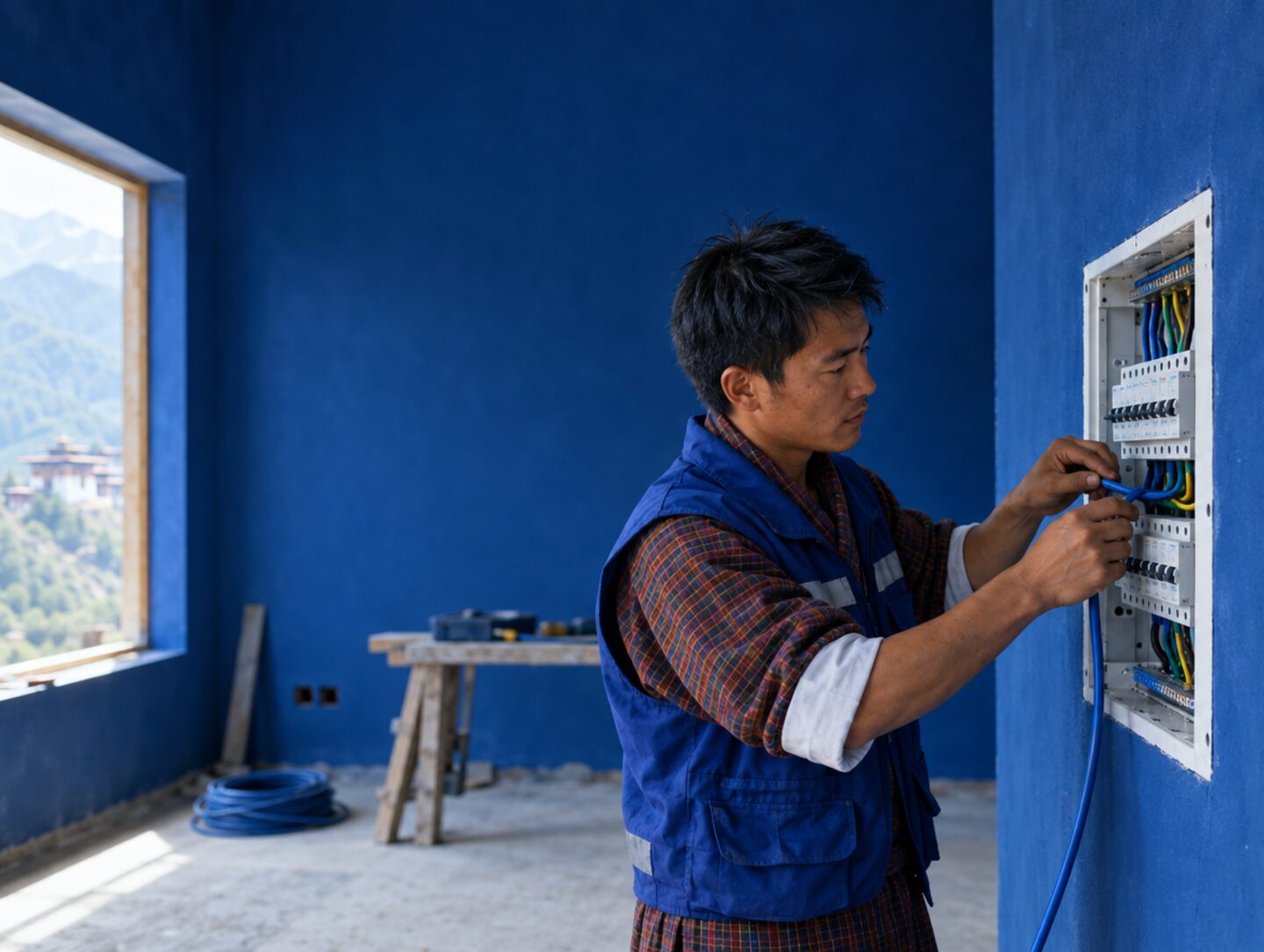 An electrician fitting a cable into a domestic distribution board