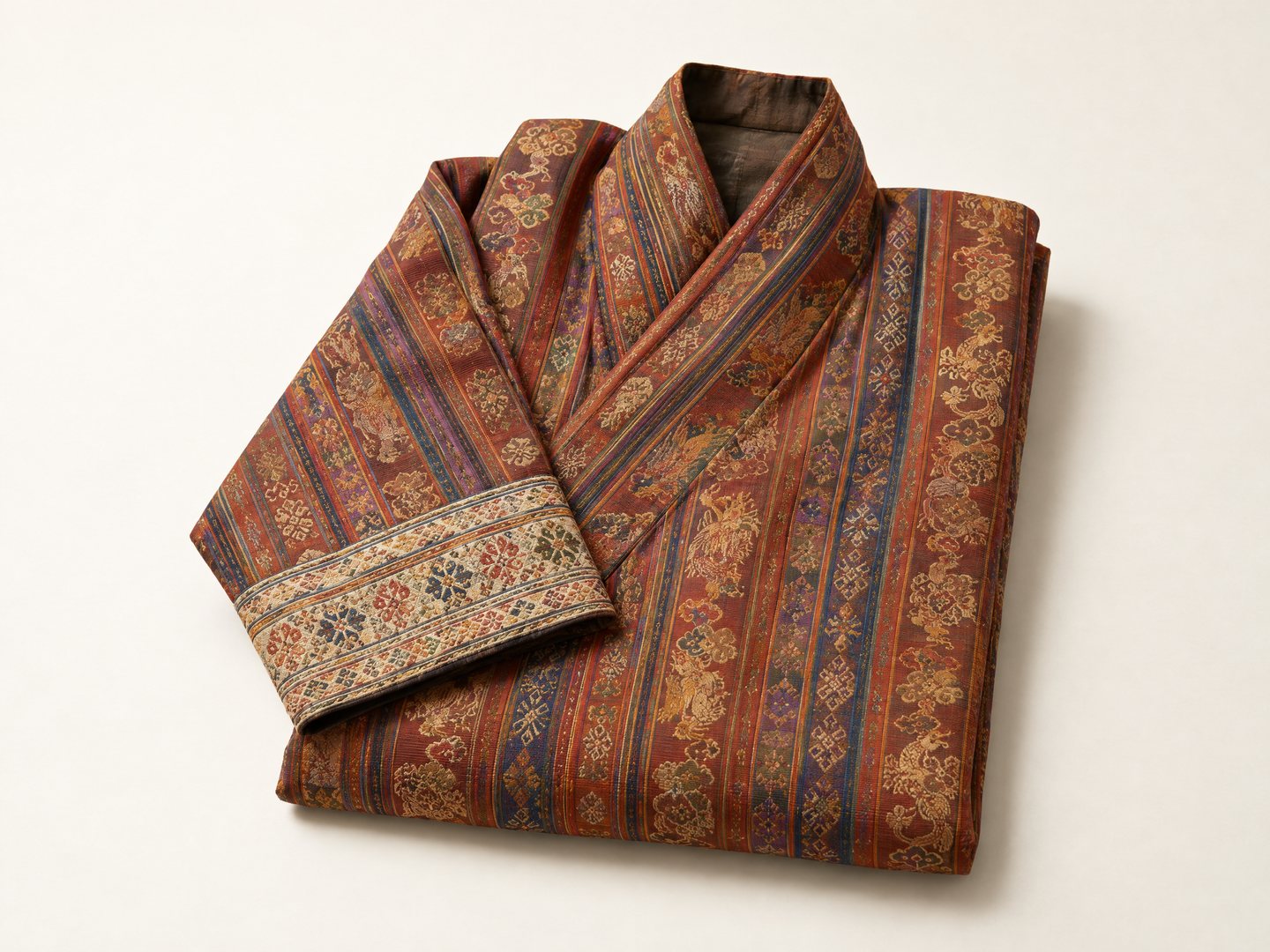 A folded handwoven Bhutanese gho with a patterned cuff photographed against a plain light ground