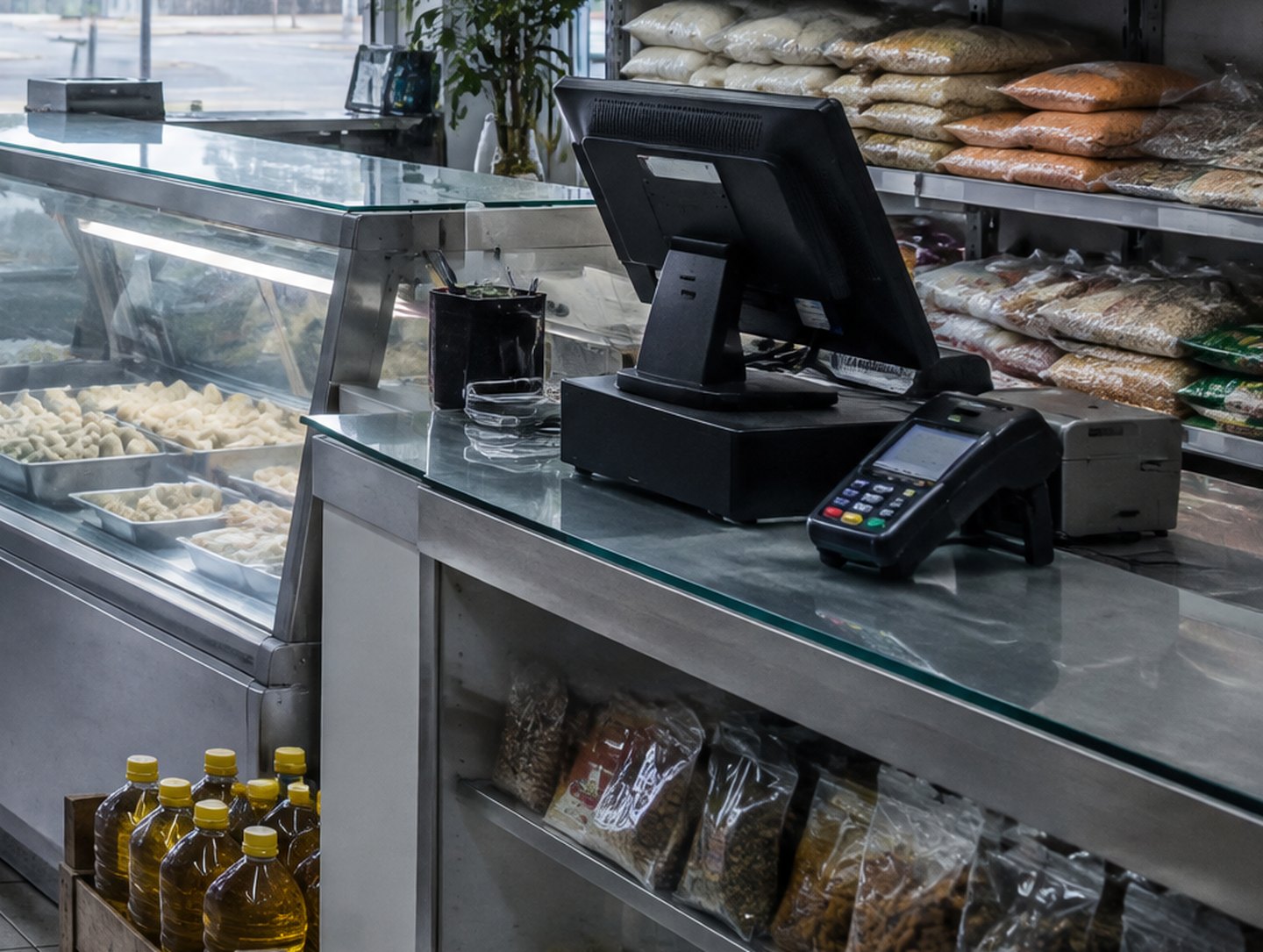 The service counter of a small grocery on a suburban Australian shopping strip, open sacks of rice and spice packets beside a glass counter with a card terminal, a ute at the kerb outside