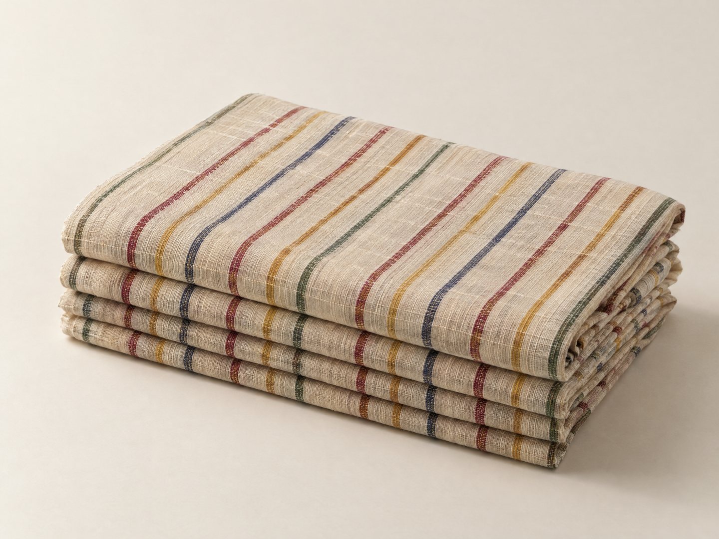 A folded stack of handwoven striped kira cloth photographed in a studio against a plain light ground