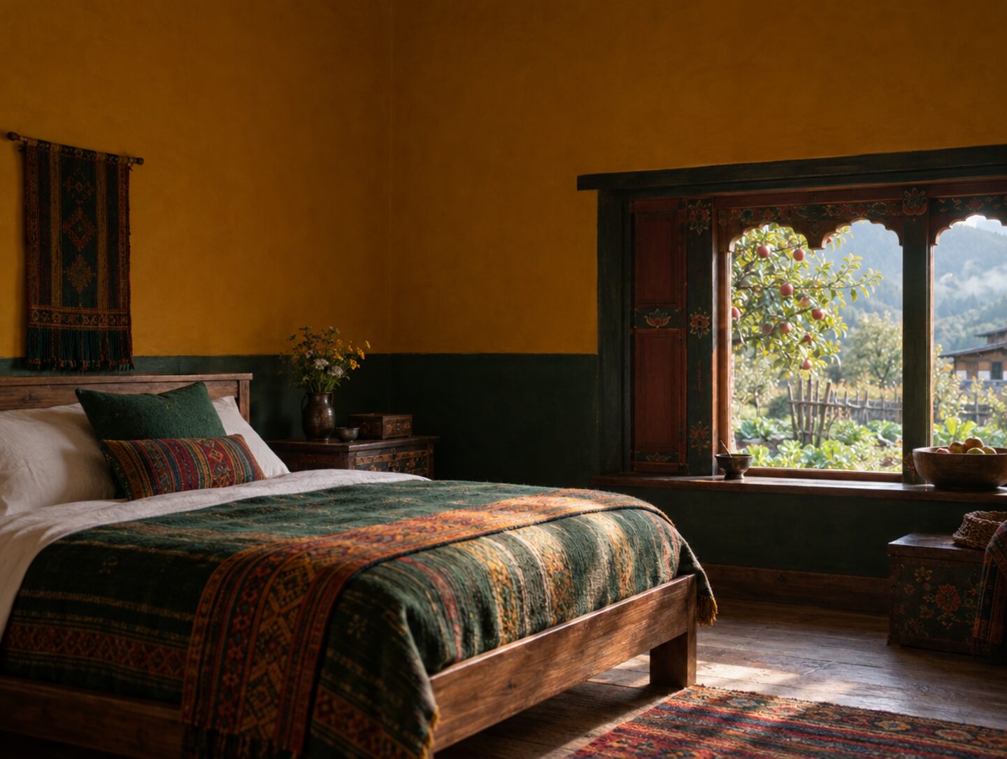 A traditional bedroom with a wooden bed under woven textiles and an ornate window onto an orchard