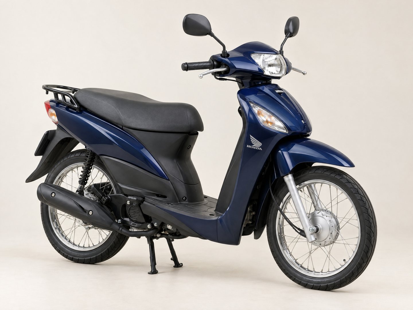 A dark blue step through scooter photographed in a studio against a plain light ground