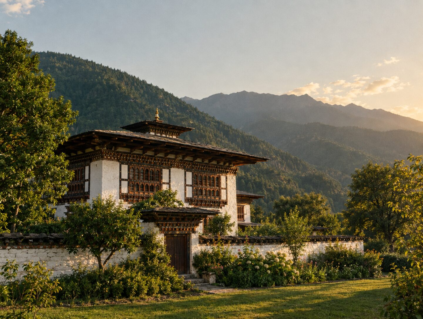 A traditional Bhutanese house with a walled garden