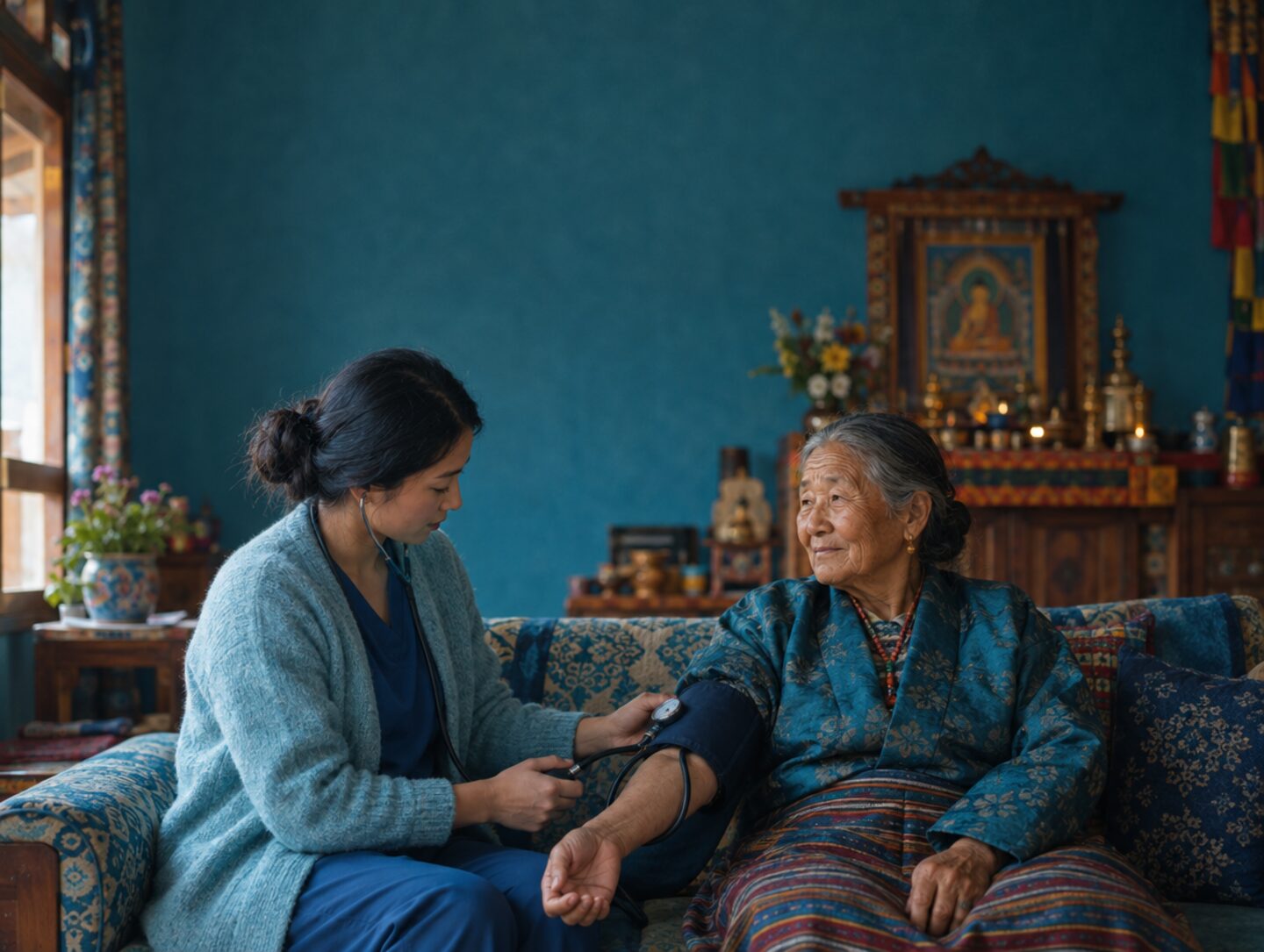 A nurse taking an elderly woman's blood pressure at home