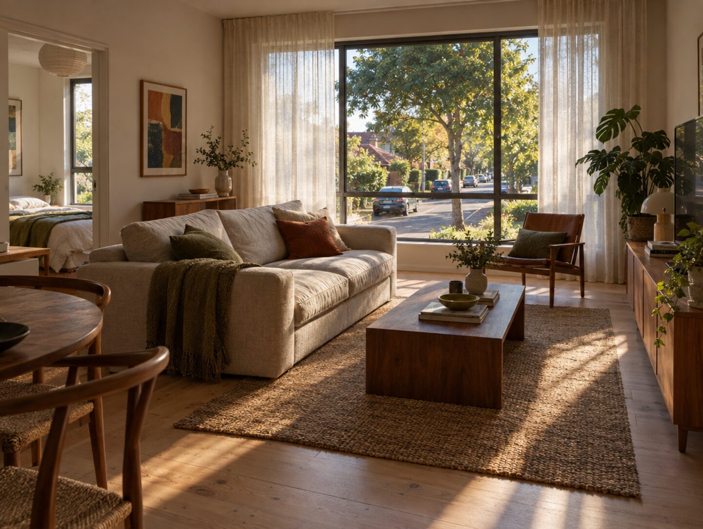 A bright modern apartment living room with a leafy street beyond the window
