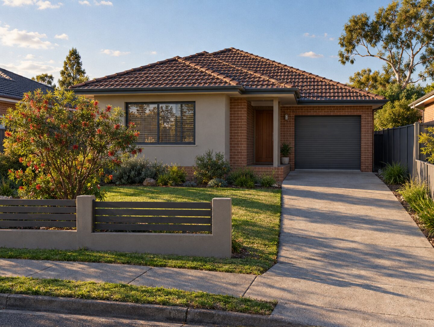 A modern single-storey brick home with a green lawn and a concrete driveway under a clear afternoon sky