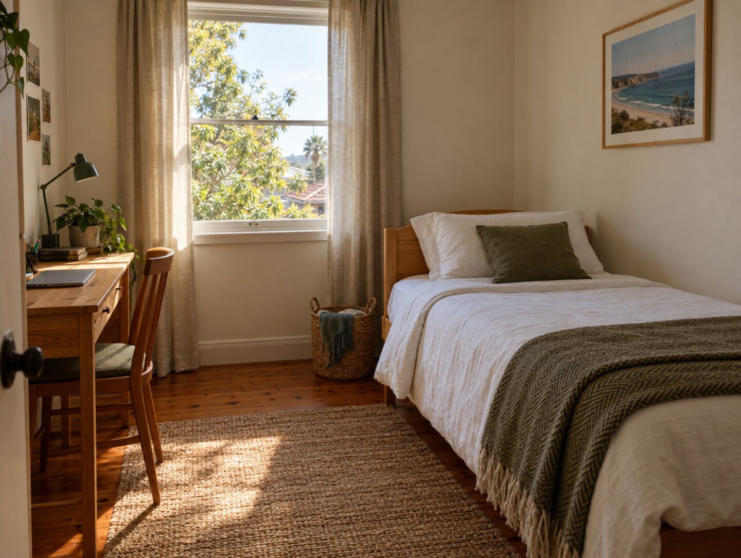 A sunlit bedroom with a single bed, a green throw and a wooden desk beside a bright window