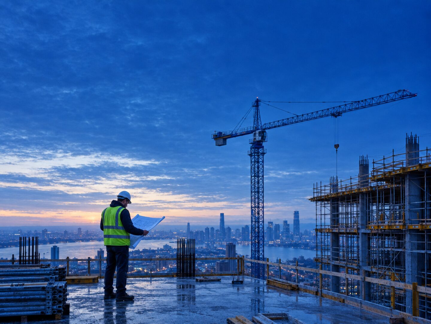 A worker in a safety vest reading blueprints on a high-rise concrete deck above a city skyline at twilight