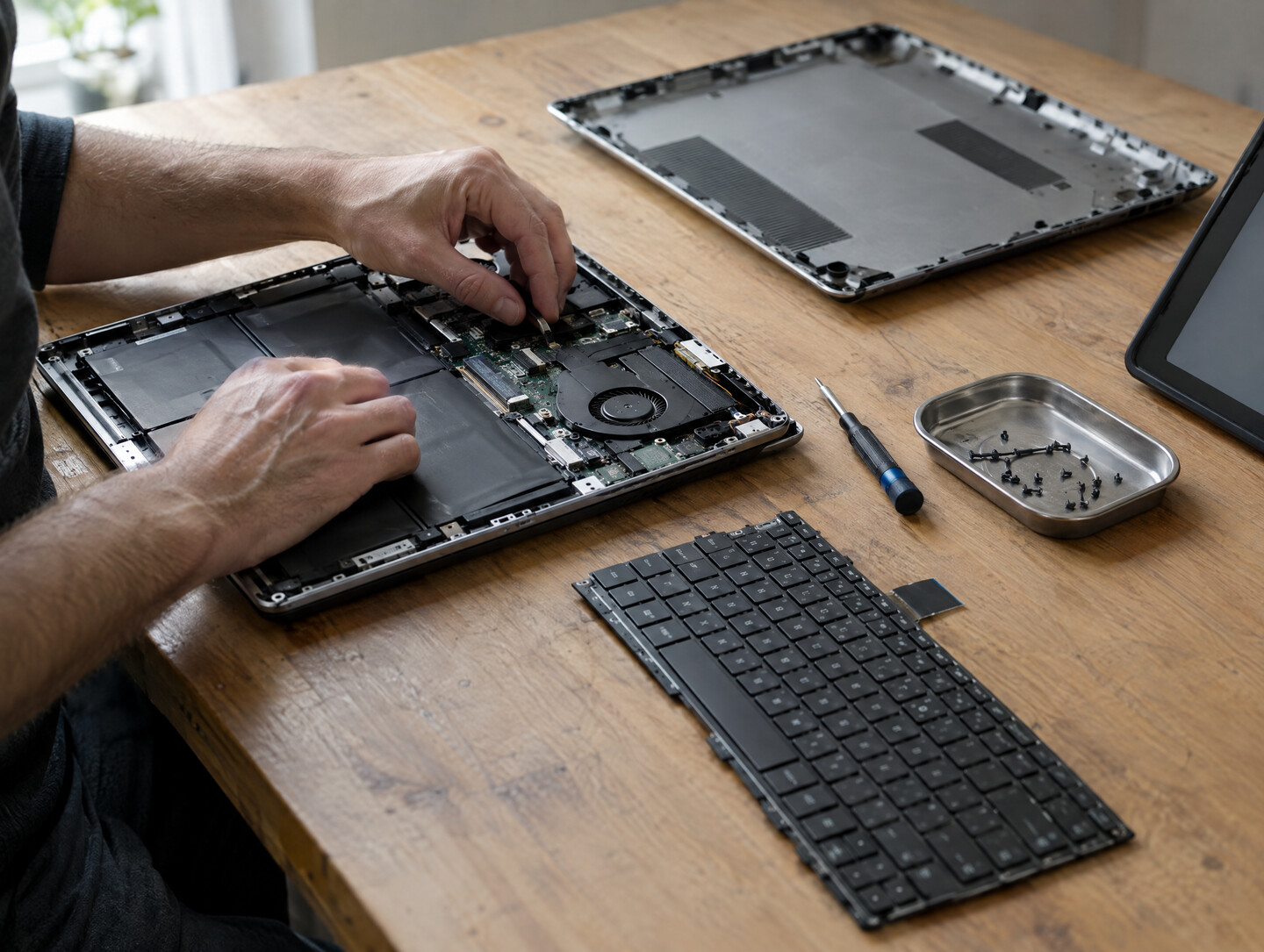 Hands repairing an open laptop at a workbench, a screwdriver and a tray of screws beside a removed keyboard