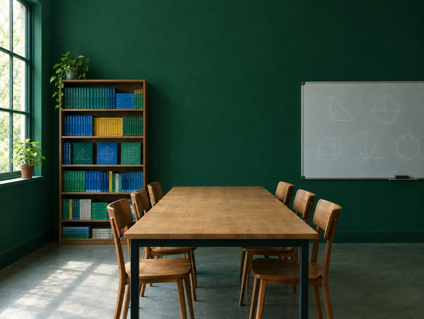 A long wooden table and chairs in a quiet room with dark green walls and a full bookshelf