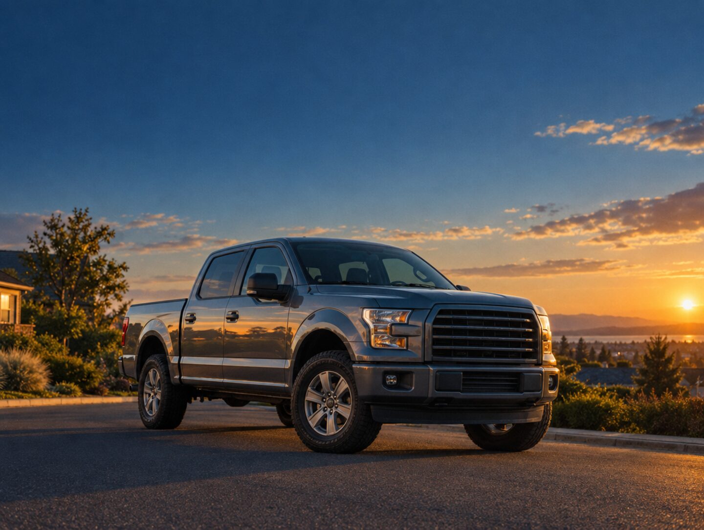A grey pickup truck parked on a quiet suburban street as the sun sets over a distant bay